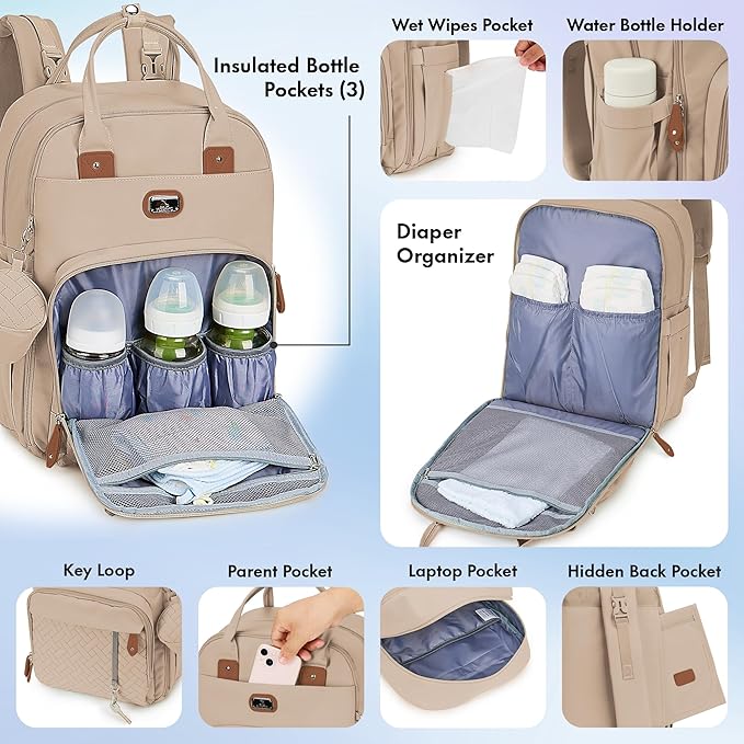 Dikaslon Diaper Bag Backpack with Portable Changing Pad, Pacifier Case and Stroller Straps, Large Unisex Baby Bags for Boys Girls, Multipurpose Travel Back Pack for Moms Dads, Milk Tea Khaki-CubbioJoy