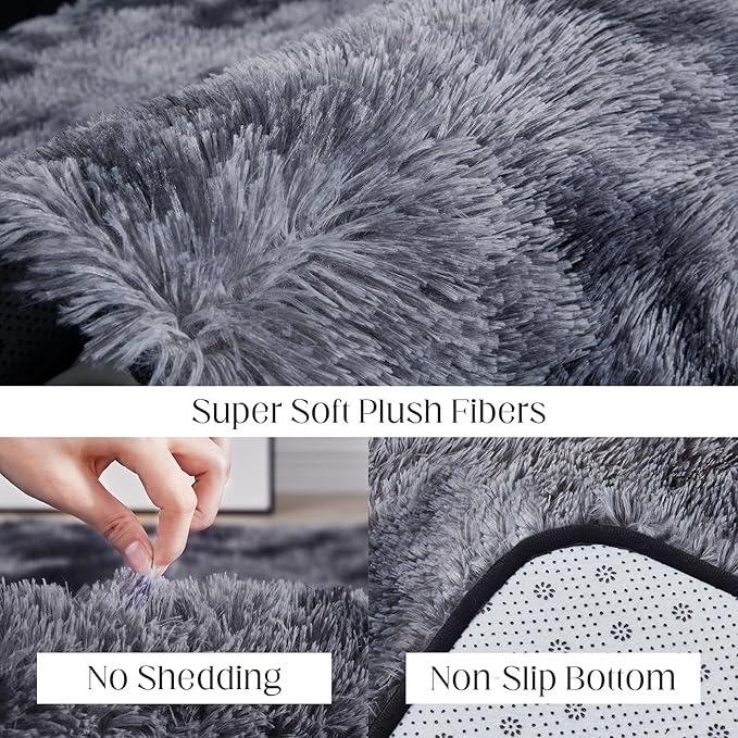 8x10 Fluffy Rugs for Living Room, Ultra Soft Plush Area Rug for Bedroom, Anti-Skid High Pile Indoor Carpet for Nursery, Kids Room, Playroom, Home Decoration, Tie-Dyed Dark Grey-CubbioJoy