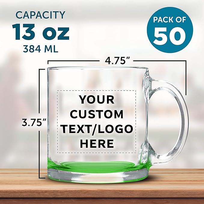Custom Libbey Clear Glass Coffee Mugs 13 oz. Set of 50, Personalized Bulk Pack - Perfect for Coffee, Tea, Espresso, Hot Cocoa, Other Beverages - Green Bottom-CubbioJoy