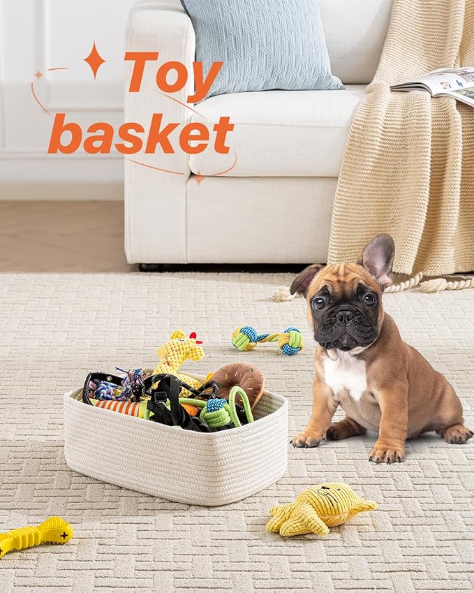 KALLAX Small Woven Basket, 13.5 x 9.5 x 5 Inches, Storage Basket for Organizing, Cute Small Rope Shelf Closet Cube Storage Bins Baskets for Shelves, Dog Toy Gift Baskets Empty, 3 Packs, Off White-CubbioJoy