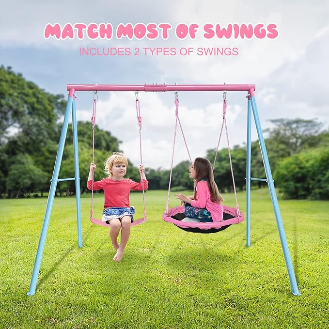 440lbs 2 Seat Kids Swing Sets for Backyard, 1 Saucer Tree Swing 32 inch, 1 Belt Swings, Heavy Duty Metal Swing Stand with Anchors(Pink+Blue)-CubbioJoy