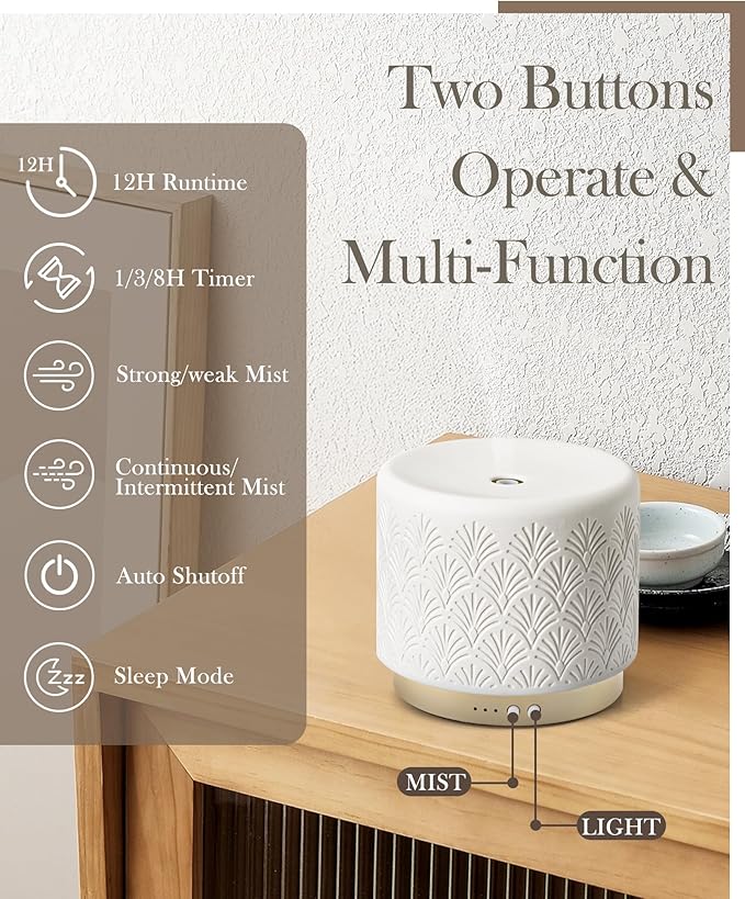Ceramic Essential Oil Diffuser 280ml- Aromatherapy Diffuser with Ultrasonic Cool Mist Humidifier, Night Light, Timer, Auto Shut-Off, Large Room Aroma Diffuser for Home, Bedroom, Office, Yoga-CubbioJoy