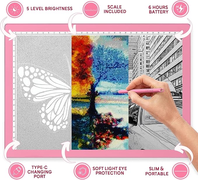 iVyne Rechargeable A4 Light Pad for Tracing & Weeding - LED Light Board for Weeding Vinyl - for Cricut Vinyl Weeding Tools - Ultra-Thin & Portable - Perfect for Artists & Crafters - Pink-CubbioJoy