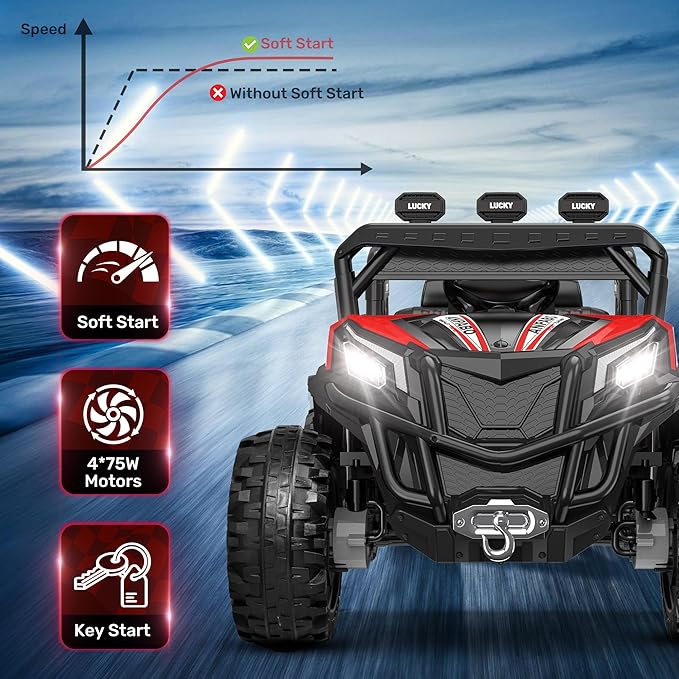 ANPABO 24V 4X4 Ride on Car Truck w/Remote Control, 4WD/2WD Switchable Kids UTV, 19" Spacious Seat, 4 Shock Absorbers, Soft Start, Music Player, Electric Car for Kids Ages 3+(Red)-CubbioJoy