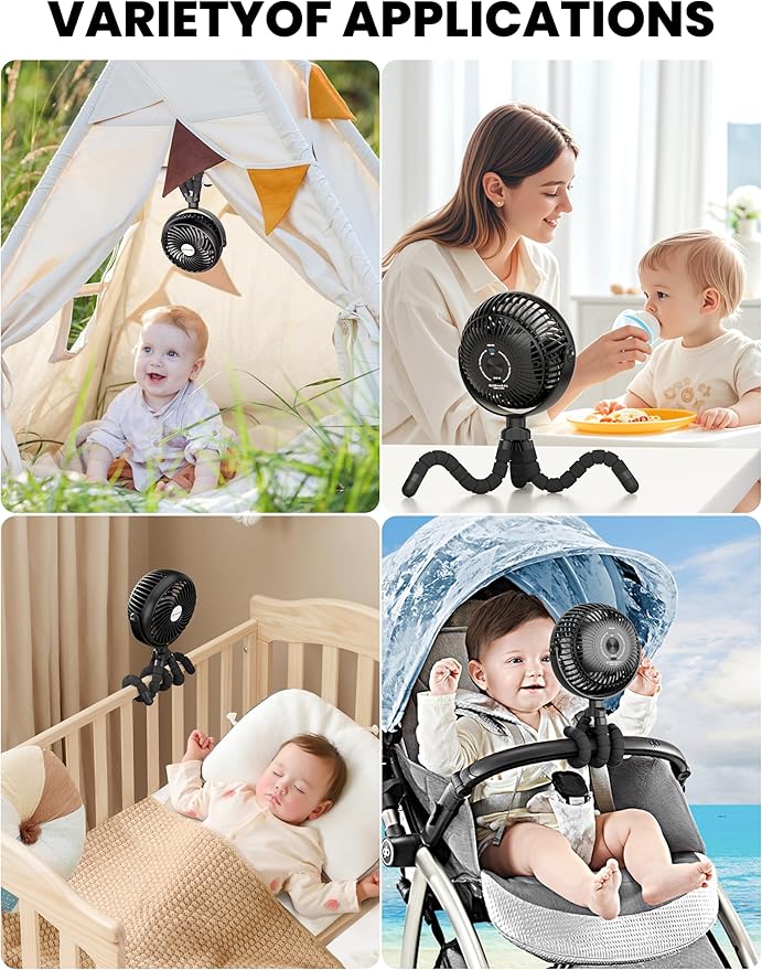 AMACOOL Baby Stroller Fan - 5000mAh Rechargeable, 3-Speed, Strong Yet Quiet, 360°Rotate Portable Clip on Fan for Travel, Car Seat, Crib, Bike, Treadmill, Beach Vacation Essentials-CubbioJoy