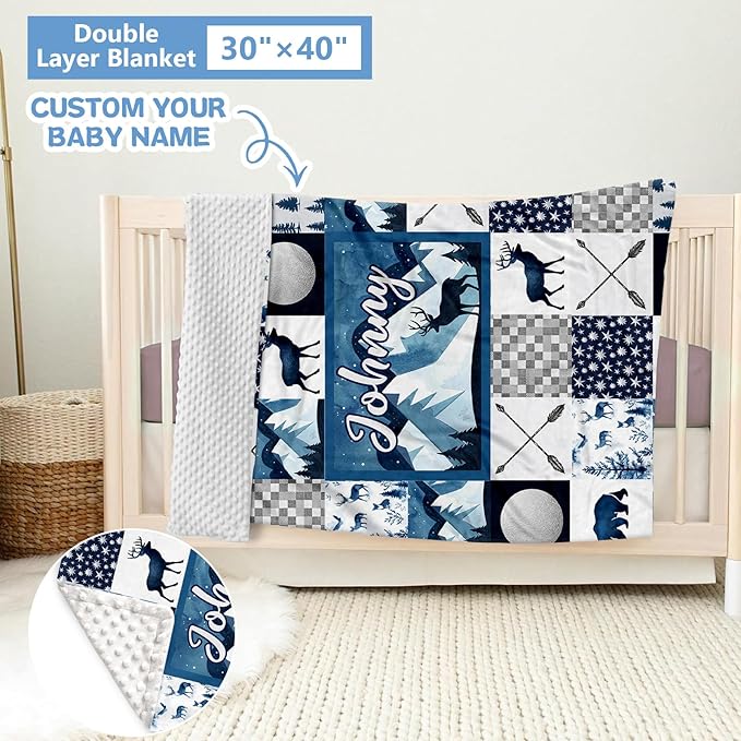 Custom 5-Piece Baby Crib Bedding Set, Personalized Name for Toddlers, Blue Deer Nursery Set for Boy Girl, Double Layer Infant Crib Set, Customized Gifts-CubbioJoy