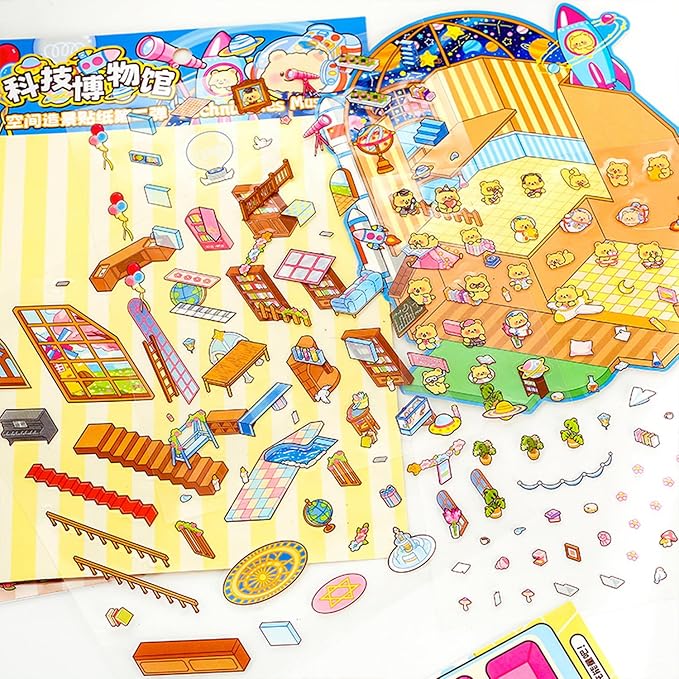 4 Sets Big 3D Sticker Scenes DIY Craft Kit – Build Your Own Miniature Rooms Stickers Book(Museum/Ski Resort/Amusement Park/Aquarium) for Kids & Adults, Creative Craft Kit for Gifts-CubbioJoy