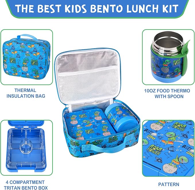 Bento Lunch Box Set With 10oz Soup Thermo, Leak-proof Lunch Containers with 4 Compartment, Kids Hot Thermo Food Jar/Insulation Lunch Bag, Food Containers for School（Dinosaur）-CubbioJoy