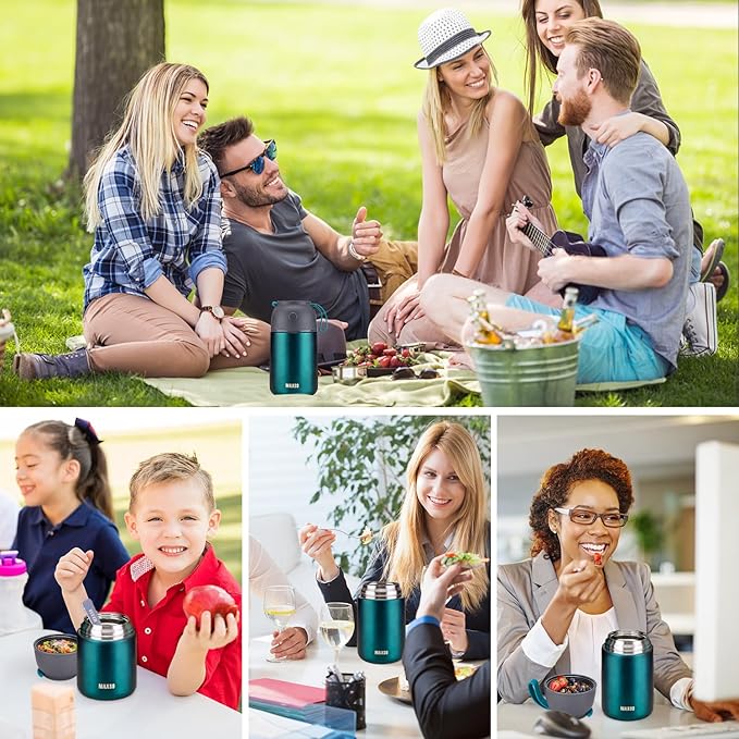 Insulated Thermo Food Jar for Hot & Cold Food for Kids Adult, 17&24 oz Soup Thermal Hot Food Containers for Lunch, Triple Layer Insulation Stainless Steel Food Jar with Spoon(2 Pack Green)-CubbioJoy