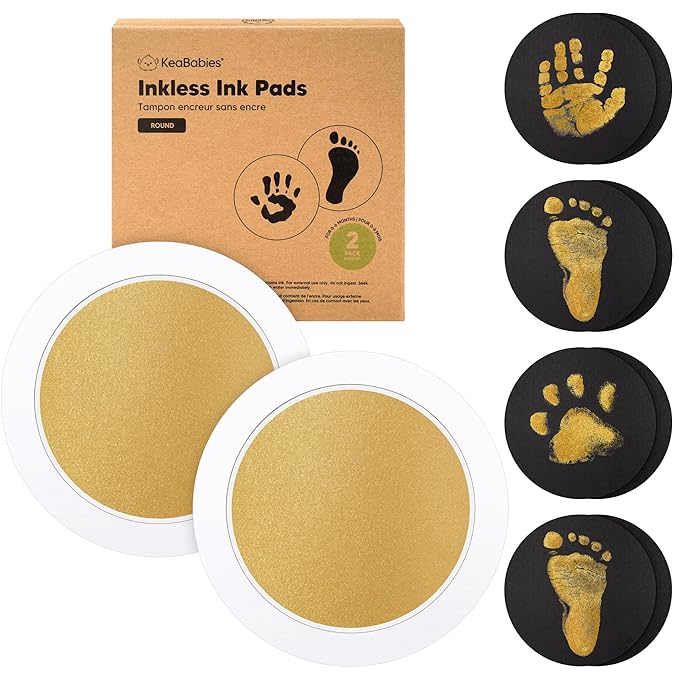 2-Pack Round Inkless Baby Hand and Footprint Kit - Mess Free Ink Pad for Newborn Keepsake, Dog Nose & Paw Print Kit, Clean Touch Ink Pad for Baby Hand & Footprints, Ideal New Mom Gifts (Gold)-CubbioJoy