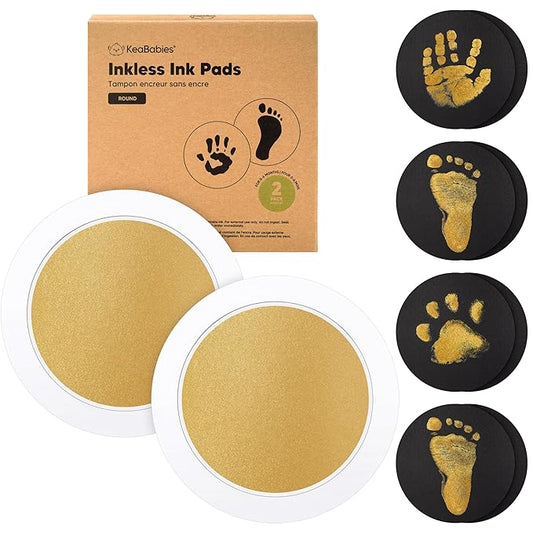 2-Pack Round Inkless Baby Hand and Footprint Kit - Mess Free Ink Pad for Newborn Keepsake, Dog Nose & Paw Print Kit, Clean Touch Ink Pad for Baby Hand & Footprints, Ideal New Mom Gifts (Gold)-CubbioJoy