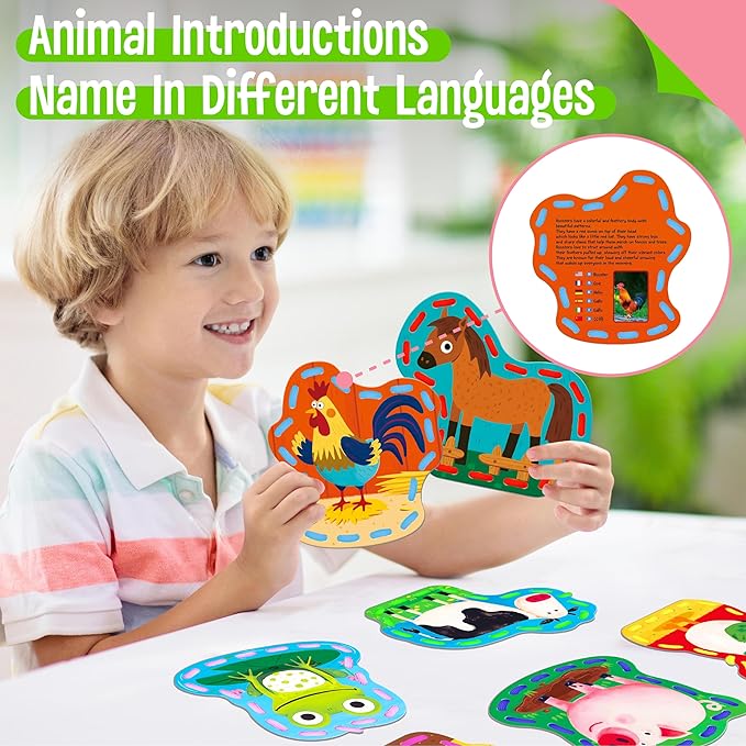 9 PCS Kids Lacing Cards, 9 Double Sided Farm Animals Sewing Cards with 9 Colorful Laces, Educational & Learning Toys for Preschoolers, Kids Ages 3+-CubbioJoy