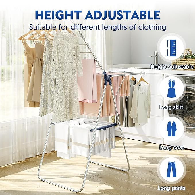APEXCHASER Clothes Drying Rack, Stainless Steel Drying Rack Clothing with Height-Adjustable, Foldable Gullwings Laundry Drying Rack, Indoor Outdoor Use, No Assembly-CubbioJoy