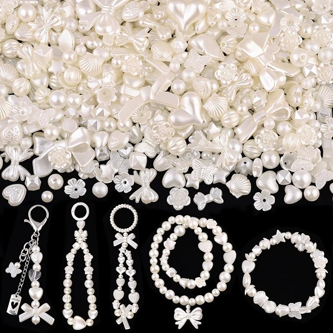 Assorted 270-320PCS Mix ABS Imitation Pearl Beads for Bracelet Making, Bow Butterfly Heart Kawaii Aesthetic Acrylic Beads,Cute Bead for Jewelry Making DIY Necklace Keychain Phone Charms-CubbioJoy