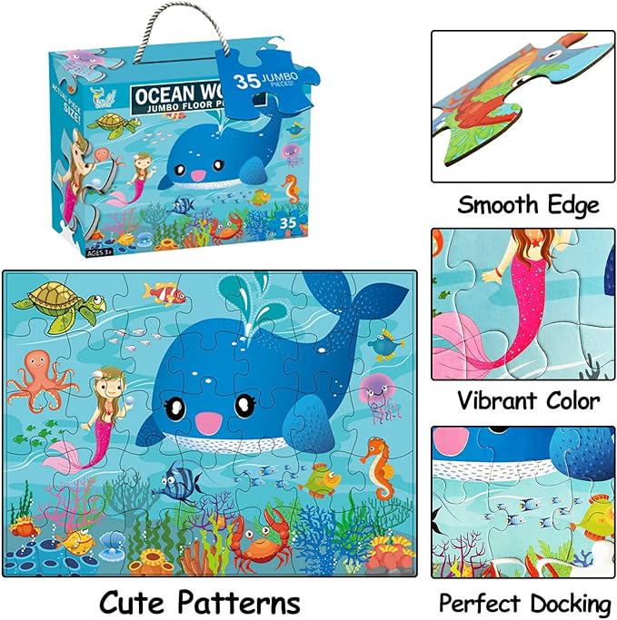 Jumbo Floor Puzzle for Kids, Large Jigsaw Puzzles 35 Piece for Kids Ages 3-5,Preschool Learning & Education Toys, Gifts for 4-8 Year Old Boys and Girls (Marine Animals)-CubbioJoy
