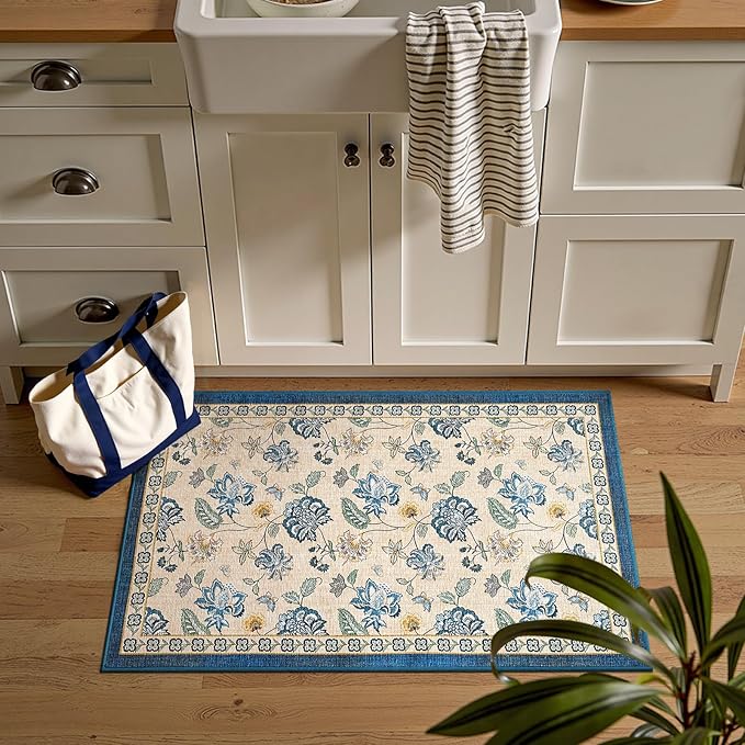 jinchan 2x3 Floral Rug for Entryway Washable Kitchen Rug Vintage Romance Design Small Mat Non Slip Indoor Doormat Lightweight Low-Profile Throw Carpet for Entrance Bathroom Laundry Room, Blue/Beige-CubbioJoy