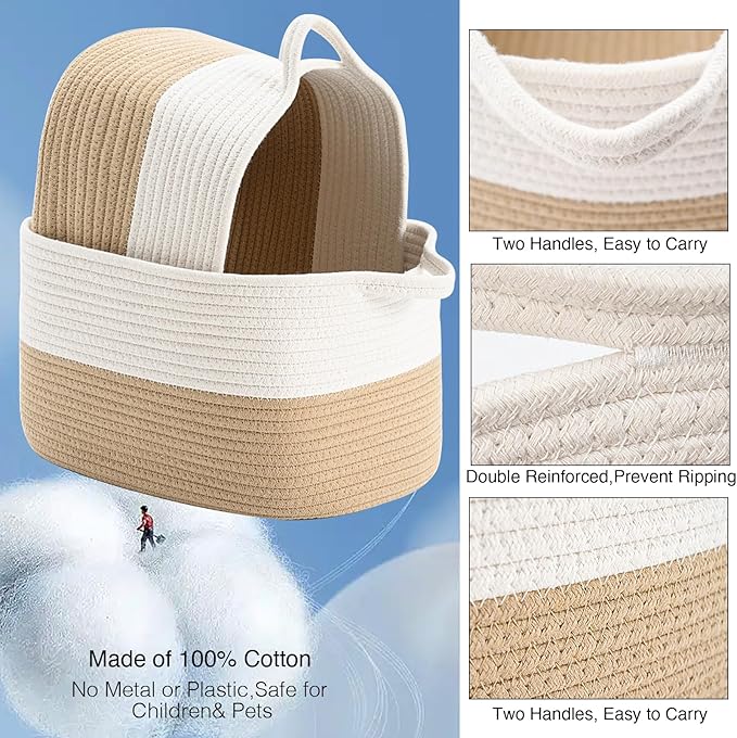 Cotton Rope Woven Storage Basket, Used for Baby Hamper Toy Organizer, Gift Baskets Empty,Kids Laundry Basket,Baby Blanket Storage. Size 15x10x8.7 Inches. (White&Khaki-3PCS)-CubbioJoy