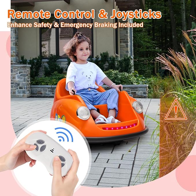12V Bumper Car for Toddlers, Electric Toy Ride on Battery Car with Kids W/Parent Remote Control, 2-Speed, 360 Degree Spin, Music & LED Lights for Kids, Orange-CubbioJoy