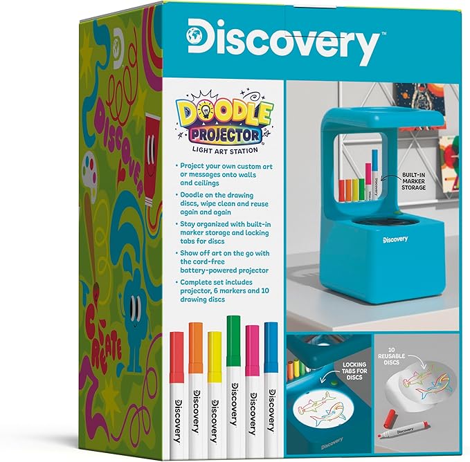 Discovery™ Doodle Projector Light Art Station – Includes 6 Dry-Erase Markers, 10 Reusable Drawing Discs, Project Drawings on Walls & Ceilings| Arts & Crafts Kit for Kids| Tracing Pad Coloring Toy Gift-CubbioJoy