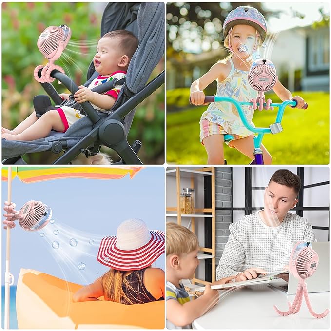 2025 Upgarded 4000mAh Misting Baby Stroller Fan, Rechargeable Battery Operated,Max 15Hrs Cooling,50ml Portable Water Sprayer Misting Fan with Flexible Tripod Clip on Car Seat Crib Treadmill Bunk Bed-CubbioJoy