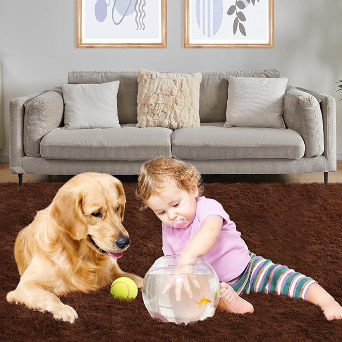 Area Rug 4x5.8, Soft Rugs for Living Room, Plush Fluffy Rugs for Bedroom, Non-Slip Indoor Carpet for Nursery, Study Room, Playroom, Home Decor, Brown-CubbioJoy