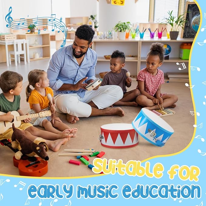 Boao 2 Pcs Kids Drum Set, 8 Inch Toddler Drum Wooden Toy with Adjustable Strap and 4 Drumsticks, Educational Sensory Musical Instrument for Toddlers Kid Baby Boys Girls Gift (Flag)-CubbioJoy