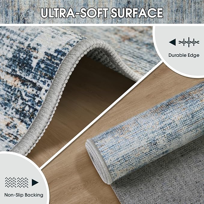 Area Rug 9x12 Washable Rugs: Abstract Large Living Room Rugs with Non-Slip Backing, Thin Carpet for Dining Room Table Bedroom Nursery Indoor Home Office-Blue Brown-CubbioJoy