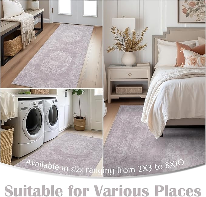 jinchan Hallway Runner Rug 2x8 Vintage Floral Distressed Design - Machine Washable Non-Slip Low-Pile Soft Thin Faux Wool Kitchen Carpet for Farmhouse Bedroom Laundry Room(2x8ft,Orchid)-CubbioJoy
