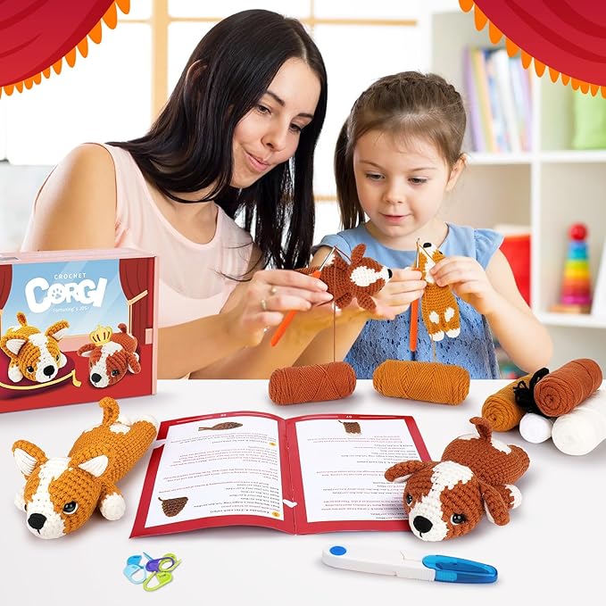 Crochet Kit for Beginners, 2 Adorable Corgi Dog Crochet Animals Kits, Easy Beginner Crochet Kit for Adults & Kids, Women & Men, DIY Craft Knitting Kit with All Supplies-CubbioJoy
