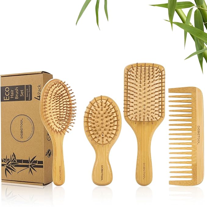 Bamboo Hair Brush Set, Natural Wooden Bamboo Comb Paddle Detangling Hairbrush for Hair Growth - Wide-tooth and Tail Comb Suitable for Thick/Thin/Curly/Dry Hair-CubbioJoy