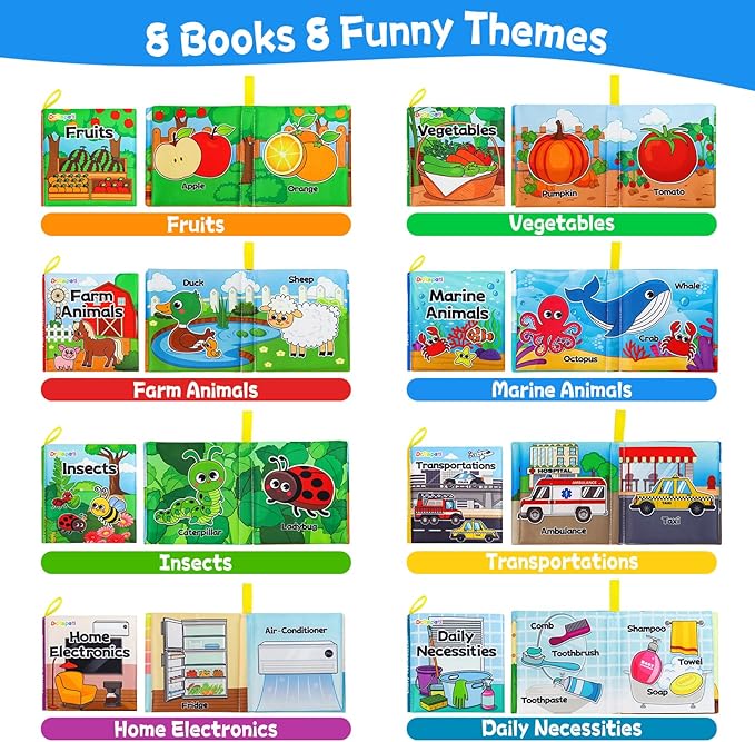 Dr.Rapeti Soft Cloth Books Baby Books Bath Books 8-Pack for Baby Infant Toddler Kid Crinkle Washable Chewable Early Educational Preschool Learning Giftable-CubbioJoy