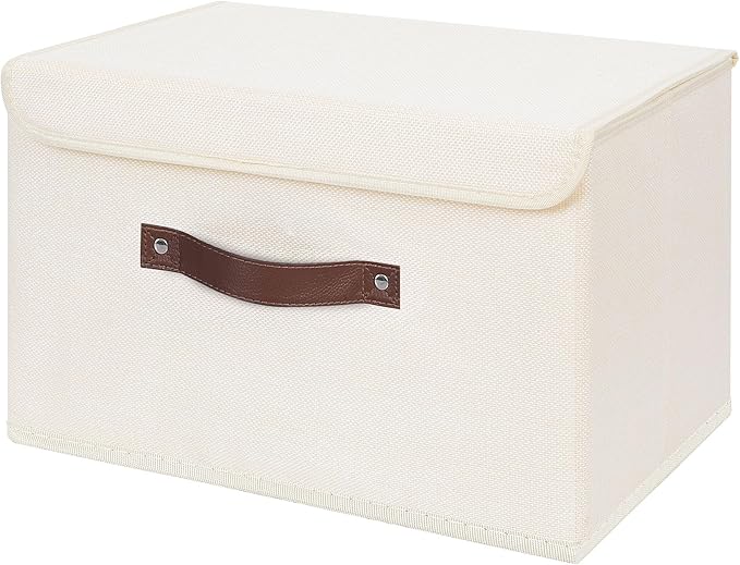 ANMINY Storage Bin with Lid Storage Boxes with PU Leather Handles PP Plastic Board Decorative Foldable Lidded Cotton Linen Fabric Home Cubes Baskets Closet Organizer Container - Beige, Large Size-CubbioJoy