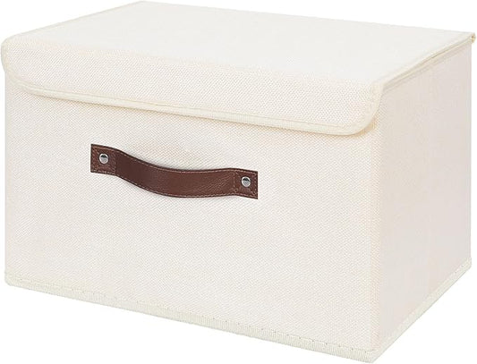 ANMINY Storage Bin with Lid Storage Boxes with PU Leather Handles PP Plastic Board Decorative Foldable Lidded Cotton Linen Fabric Home Cubes Baskets Closet Organizer Container - Beige, Large Size-CubbioJoy