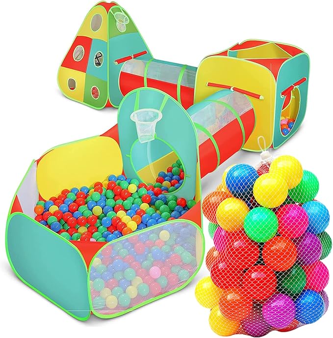 5pc Kids Play Tent for Toddlers with Ball Pit, Crawl Tunnel, Indoor & Outdoor Playhouse, Jungle Gym, Toys for Boys & Girls, Includes Dart Balls, Teepee & Basketball Hoops, (with 50 Balls)-CubbioJoy
