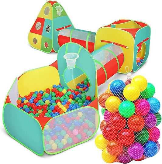 5pc Kids Play Tent for Toddlers with Ball Pit, Crawl Tunnel, Indoor & Outdoor Playhouse, Jungle Gym, Toys for Boys & Girls, Includes Dart Balls, Teepee & Basketball Hoops, (with 50 Balls)-CubbioJoy