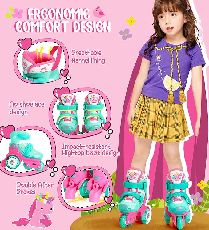 Adjustable Roller Skates for Kids Girls Ladies with Light Up Flash LED Wheels(Age 3-9),Three-Point Type Balance,Gift Box Packing for Toddlers,Children-CubbioJoy