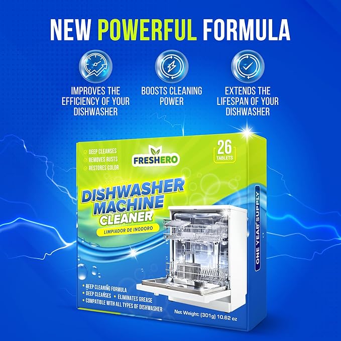 Dishwasher Cleaner and Deodorizer Tablets 26-Pack, Deep Cleaning Descaler for Dishwasher Machine, Heavy Duty, Septic Safe, Removes Grease & Build-ups, 1 Year of Cleaning Supplies (Unscented)-CubbioJoy