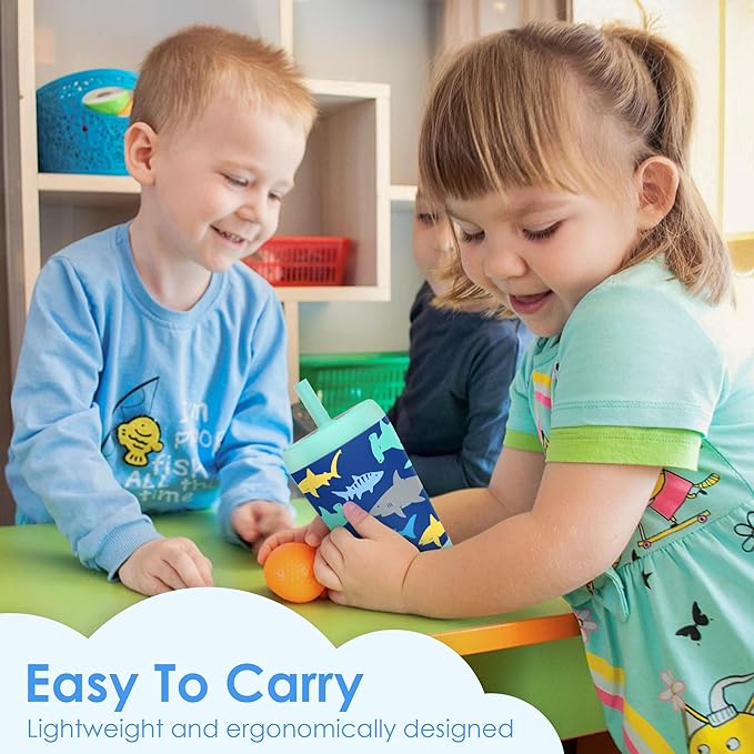 Kid Insulated Stainless Steel Tumbler with Silicone Straw, 12oz Sippy Cup for Kids (Sharks)-CubbioJoy