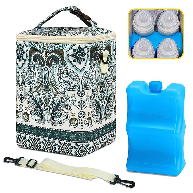 Breastmilk Cooler Bag with Ice Pack Fits 4 Baby Bottles Up to 9 Ounce Insulated Baby Bottle Bag Breast Milk Cooler on The Go with Strap Baby Bottle Cooler Bag for Nursing Mom Daycare or Travel-CubbioJoy