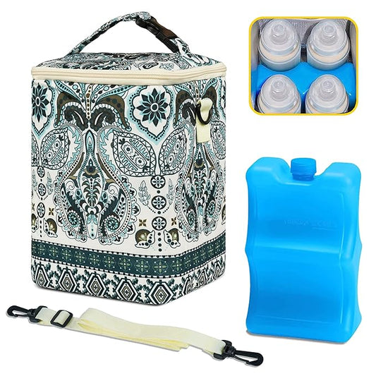 Breastmilk Cooler Bag with Ice Pack Fits 4 Baby Bottles Up to 9 Ounce Insulated Baby Bottle Bag Breast Milk Cooler on The Go with Strap Baby Bottle Cooler Bag for Nursing Mom Daycare or Travel-CubbioJoy