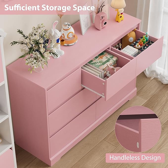 Dresser for Bedroom, Modern Pink Dresser, Wood Chest of Drawers Nursery Dressers, with Storage, 7 Drawer Double with Handle Free, Large Storage Organizer for Living Room,Pink-CubbioJoy