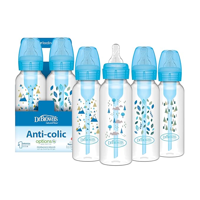 Dr. Brown's Natural Flow Anti-Colic Options+ Narrow Baby Bottle, Blue Nature, 8 oz/250 mL, with Level 1 Slow Flow Nipples, 0m+, 4 Pack-CubbioJoy