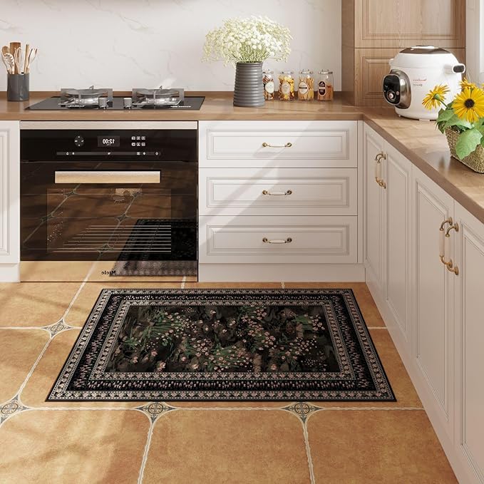 2x3 Rug Abstract Vintage Indoor Door Mat Machine Washable Small Area Rug Non-Slip Low Pile Throw Rugs for Entryway Kitchen Front Door Indoor Entrance Entry Kids Room, Black-CubbioJoy