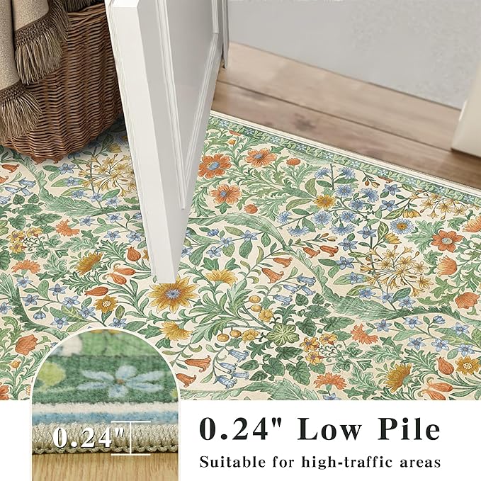 5×7 Grass Green Washable Floral Area Rug,Vintage Boho Soft Low-Pile Living Room Rugs, Stain Resistant Botanical Non-Slip Carpet for Bedroom,Dining Room, Kids Nursery,Home Decor-CubbioJoy