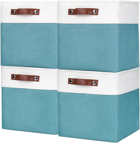 Collapsible Fabric Storage Cubes 11x11 Cube Storage Bins, 4 Pack Closet Baskets Box with Handles for Organizing, Shelf, Toys, Clothes, Home, Office, Nursery (Teal&White)-CubbioJoy