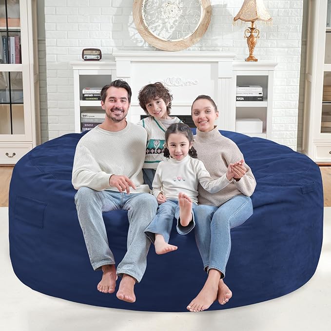 6FT Bean Bag Chair, Large Bean Bag Chairs with Memory Foam Filled, Fluffy Beanbag Sofa with Dutch Velvet Cover, Round BeanBag Chairs for Living Room, Playroom - Blue-CubbioJoy