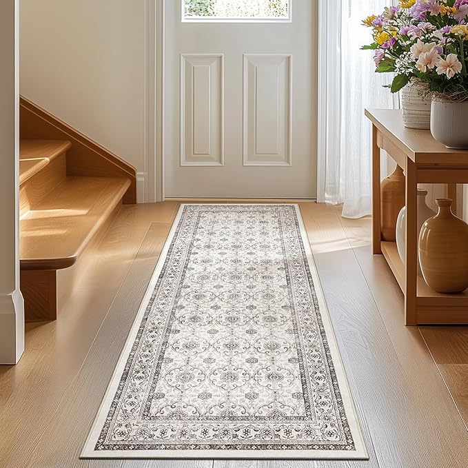jinchan Runner Rug 2x7 - Machine Washable Beige Vintage Floral Distressed Design Soft Non-Slip Low-Pile Ultra-Thin Runner Rug for Kitchen Hallway Laundry Room Entryway Farmhouse (2‘x7',Beige)-CubbioJoy