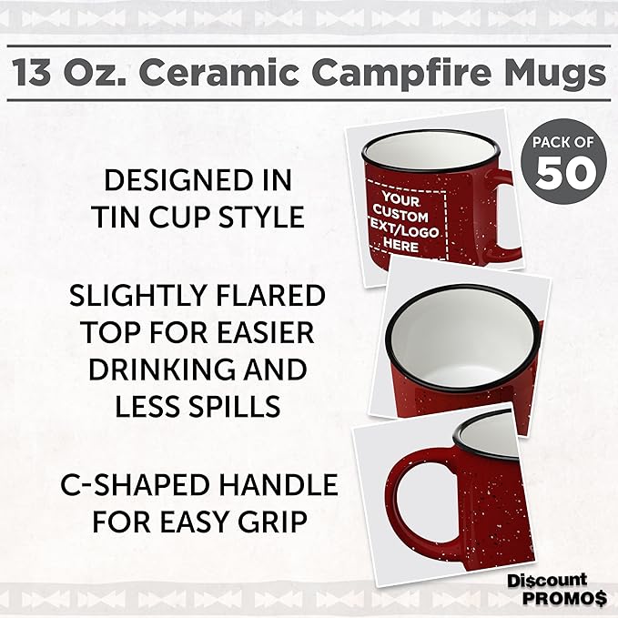 DISCOUNT PROMOS Custom Ceramic Campfire Coffee Mugs 13 oz. Set of 50, Personalized Bulk Pack - Perfect for Tea, Espresso, Cappuccino, Hot Cocoa - Red-CubbioJoy