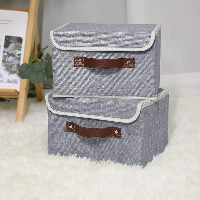 ANMINY 4PCS Storage Bins with Lid PU Leather Handles Storage Boxes PP Plastic Board Decorative Foldable Lidded Cotton Linen Fabric Home Cubes Baskets Closet Organizer Containers - Gray, Small Size-CubbioJoy