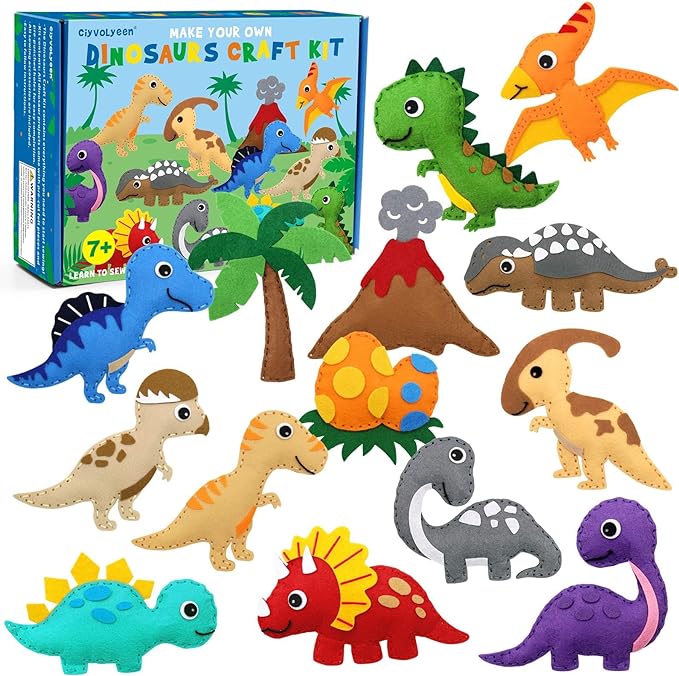CiyvoLyeen Dinosaur Sewing Craft Kit DIY Kids Craft and Sew Set for Girls and Boys Educational Beginners Sewing Stuffed Animal Felt Plush Ornaments Set of 14 Sewing Kits for Kids Age 8 9 10 11 12-CubbioJoy